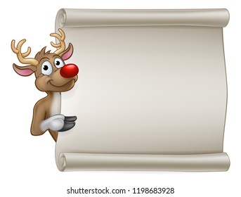 Santas Reindeer Christmas cartoon character peeking around and pointing at a scroll banner sign