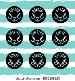 Santa's Reindeer names for christmas decor. Hand drawn lettering for Xmas greetings cards, invitations, christmas bauble, t-shirt, mug, stickers, gift, printing press. Holiday stamps vector designs.