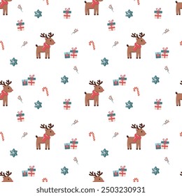 Santa's reindeer, new year seamless pattern. Candy, gifts, Christmas and family