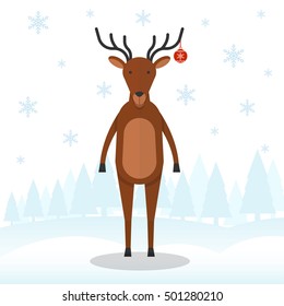 Santa's reindeer on snowflakes and forest background. Santa's assistant. Christmas and New Year celebration topic.