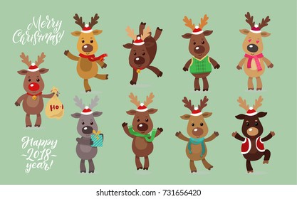 Santa's Reindeer Set. Vector illustrations of  reindeer isolated on white background.