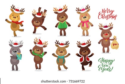 Santa's Reindeer Set. Vector illustrations of  reindeer isolated on white background.