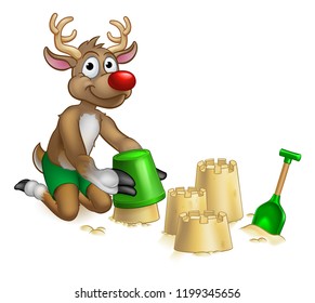 Santas reindeer in shorts on the beach making sandcastles Christmas cartoon