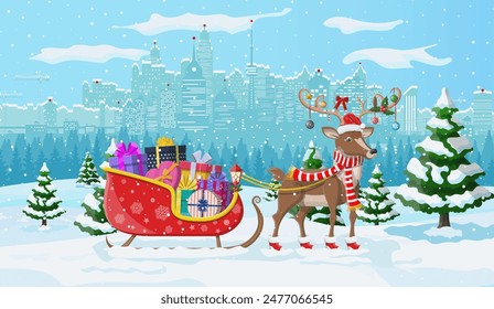 Santas reindeer sleigh with gifts. Christmas winter cityscape, snowflakes and trees. Happy new year decoration. Merry christmas holiday. New year and xmas celebration. Vector illustration flat style