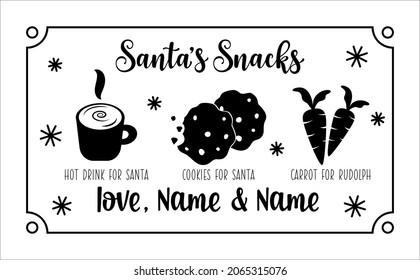 Santa's and reindeer snacks plate design with place for milk, cookies, carrot for raindeer. Vector Christmas  tray template. Home decoration. Black color