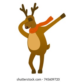 Santa`s reindeer vector illustration, standing, dancing, making dab move, popular young teenage style, funny picture for hype Christmas web design, blog, social media, card, poster, animation.