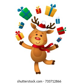 Santa's Reindeer. Vector illustrations of Reindeer Rudolf Isolated on White Background. Character juggles with gifts.