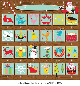 Santa's Retro Advent Calendar on a woodgrain background.  Includes the 12 days of Christmas