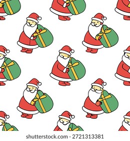 Concepto de envoltura de regalo reutilizable de Santas como característica de un patrón sin fisuras de Santa envolviendo regalos en tela reutilizable. El diseño incorpora Elementos de dibujos animados juguetones y colores vibrantes con espacio para texto promocional. en Photo Stock Concept, espacio de copia para publicidad o Anuncio con Photo Realistic como detalle de alta calidad --ar 7:2
