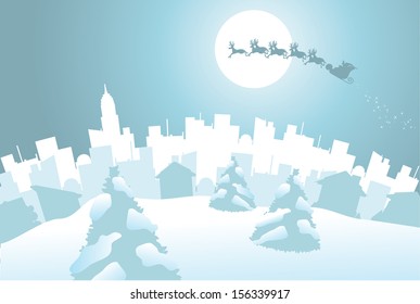 Santa's Ride Santa Claus flies over the landscape with his eight tiny reindeer. EPS 10 vector grouped for easy editing.