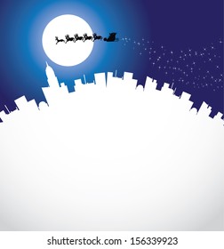 Santa's Ride Santa Claus flies over the landscape with his eight tiny reindeer. EPS 10 vector grouped for easy editing.