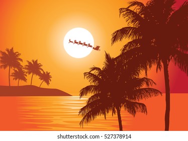 Santa's ride. Santa Claus rides past the full moon over a the tropics to deliver Christmas gifts. EPS 10 vector.