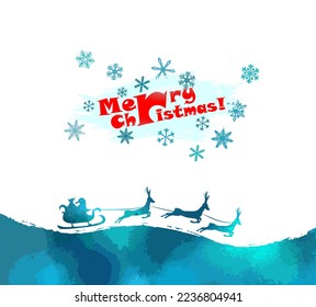 Santa's Ride Santa Claus takes off from the North Pole with his eight tiny reindeer. Santa with reindeer on the hill. Vector illustration