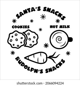 Santa's and Rudolph's snacks plate design with place for milk, cookies, carrot for raindeer. Vector Christmas  tray template. Home decoration. Black color