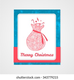 Santas sack with candy and abstract doodle pattern. Christmas collection. Vector illustration