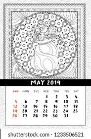 Santas sack with candy and gifts, calendar may 2019. Doodle christmas bag full of sweets coloring book page for adults and kids. Black and white thin line art vector illustration, pattern