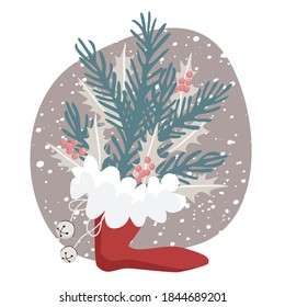 Santa's shoe with fir tree branches , holly leaves and bells on  beige background with snow fall. Vector illustration