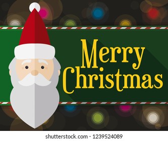 Santa's sign in flat style and long shadow with commemorative message for Christmas with candy canes, glowing Xmas lights and bokeh in the background.
