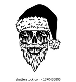 Santa's skull with a hat and glasses. Bad santa silhouette isolated on white background. Male Skull with mustache beard and sata hat. Christmas Vector illustration. Horror, evil and humor.