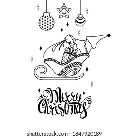 Santa's sledge. Christmas gifts. Gift box. Package. Christmas tree. New year's illustration. Vector. White background. Lettering. Christmas balls.