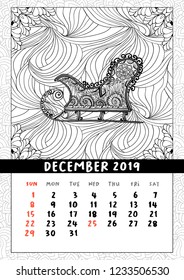 Santas sledge coloring book page, calendar December 2019. Traditional Christmas and yuletide symbol in coloring book page form. Handdrawn image in outline style. Vector doodle festive poster