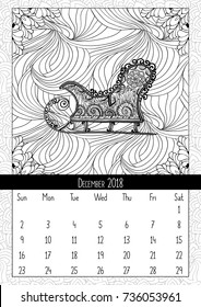 Santas sledge coloring book page, calendar December 2018. Traditional Christmas and yuletide symbol in coloring book page form. Handdrawn image in outline style. Vector doodle festive poster