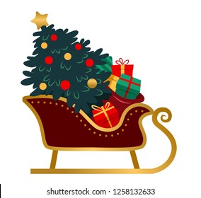 Santa's sleigh with brightly decorated Christmas tree and sack of colorful wrapped gifts. Simple vintage style flat vector cartoon illustration design element in gold, burgundy, red and green colors. 