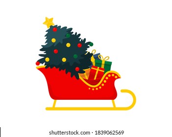 Santa's sleigh with brightly decorated Christmas tree and sack of colorful wrapped gifts. Simple vintage style flat vector cartoon illustration design element