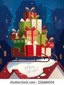 Santa's sleigh. Christmas card \ poster \ banner. Vector illustration.