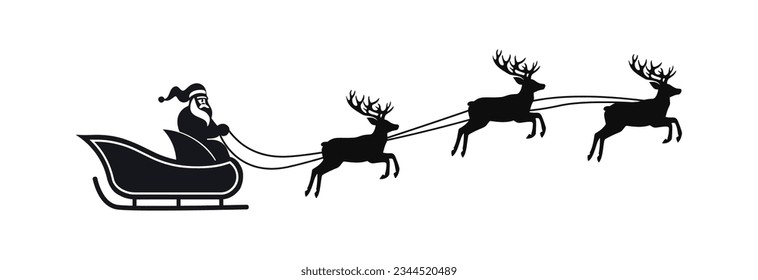 Santa's sleigh with deers black silhouette.Santa claus reindeer sleigh .Christmas flying reindeers.Santa Claus is flying in sleigh.