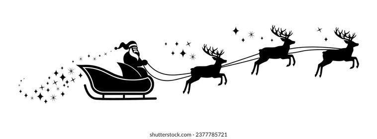 Santa's sleigh with deers black silhouette.Santa claus reindeer sleigh .Christmas flying reindeers.Santa Claus is flying in sleigh.