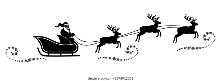 Santa's sleigh with deers black silhouette.Santa claus reindeer sleigh .Christmas flying reindeers.Santa Claus is flying in sleigh