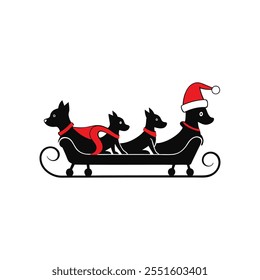 Santa's Sleigh Dogs Silhouette Design - Christmas with Santa Hat Vector Illustration