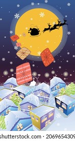Santa's sleigh dropping gift boxes over a small town