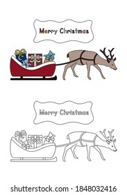 Santa's sleigh filled with gifts pulled by his Pretty reindeer. Vector illustration. Coloring for kids.