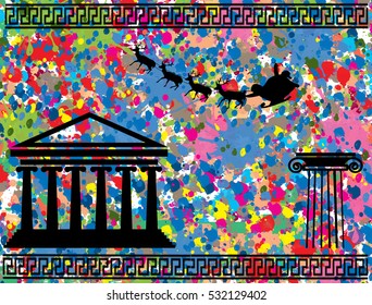 Santa's sleigh fly over abstract background with colorful ink splat and greek symbols, vector illustration