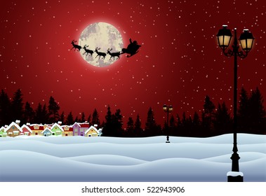 Santa's sleigh in front of full moon in beautiful snowy landscape on red night, vector illustration