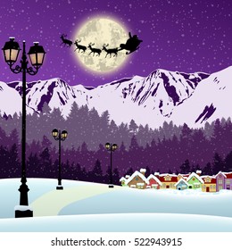 Santa's sleigh in front of full moon in beautiful snowy landscape over mountains on purple night