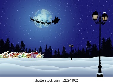 Santa's sleigh in front of full moon in beautiful snowy landscape on blue night, vector illustration