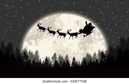 Santa's sleigh in front of full moon on beautiful grey night, vector illustration