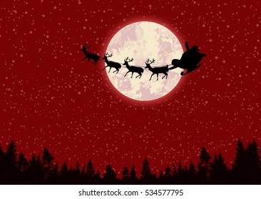 Santa's sleigh in front of full moon on beautiful red night, vector illustration