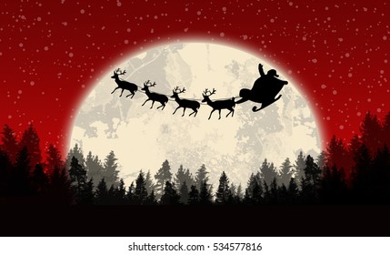 Santa's sleigh in front of full moon on beautiful red night, vector illustration