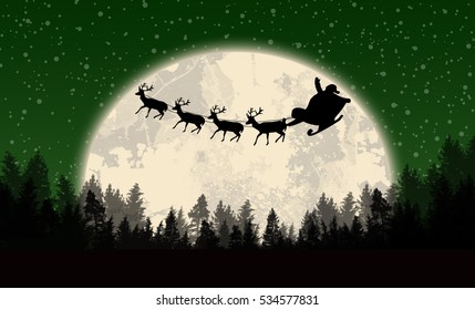 Santa's sleigh in front of full moon on beautiful green night, vector illustration