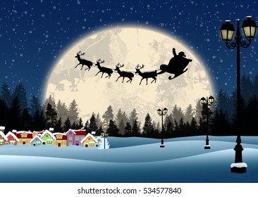 Santa's sleigh in front of full moon on beautiful blue night, vector illustration