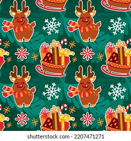 Santa's sleigh full of gifts. Cute deer. Christmas print. Seamless pattern.