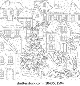 Santa's sleigh full of gifts stands next to a decorated Christmas tree on a snowy city street. Winter holiday illustration, Coloring page, black and white, line art, print and color, favorite holidays