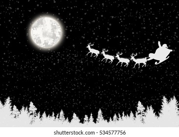 Santa's sleigh and full moon on beautiful black night, vector illustration