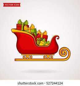 Santa's sleigh with gift boxes. Christmas traditional symbol. Vector icon.