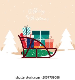 Santa's sleigh with gifts and christmas tree. Merry Christmas greeting card with winter landscape. Vector illustration in flat style.