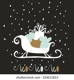 Santa's sleigh with gifts greeting background. Hand drawn Vector Winter Illustration